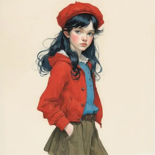 girl wearing hat,etam,beret,young girl,portrait of a girl,vintage girl,Illustration,Paper based,Paper Based 17