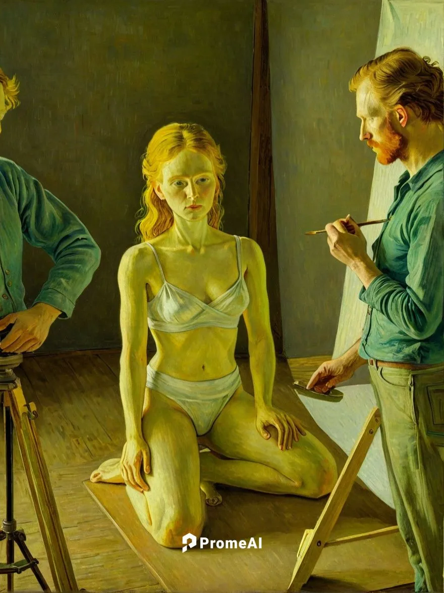 A model is being prepared by Vincent Van Gogh for his next drawing.,a man in blue shirt painting a woman in white,tretchikoff,sculptor,bodypainting,sculptor ed elliott,sculptors,artist's mannequin,Art