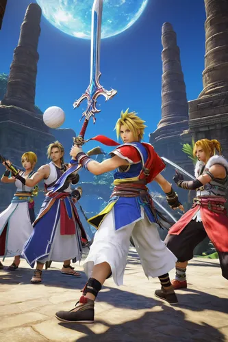 Final Fantasy X protagonist, Tidus, standing pose, determined expression, blue and white outfit, iconic sword, Blitzball player, fantasy armor, Yuna, summoner, elegant dress, long braid, staff, Auron,