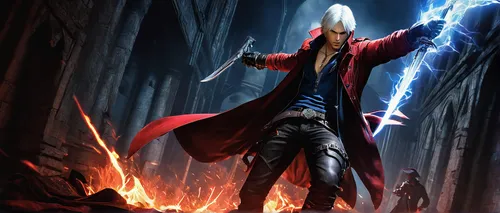 Dante, Devil May Cry 4, stylish action pose, Rebellion sword, red trench coat, white hair, demon hunter, confident smirk, leather gloves, gun holster, Ebony & Ivory pistols, muscular build, mid-battle