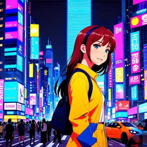 colorful city,akiba,yukiko,tokyo city,shibuya,monogatari,mitsuru,haruka,shinjuku,minako,ririko,rin,neon colors,sakiko,neons,city lights,kodori,vector girl,sakura background,colorful background,Illustration,Japanese style,Japanese Style 03