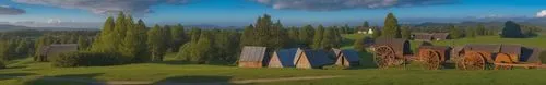 several wood houses stand in the green hillside,cypresses,pompeii,stonehenge,woodhenge,necropolis,tirith,Photography,General,Realistic