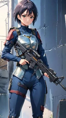 a female special forces, with metallic read armor, with battle damage, modern rifle ,a anime character is holding a gun,misato,shimei,kuribayashi,mogami,banagher,peni,sayoko,makoto,yanmei,misasagi,kus