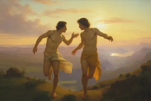 a painting of two men wearing bathing suits,dossi,emmaus,baptism of christ,nasmith,idyll,adam and eve,Art,Classical Oil Painting,Classical Oil Painting 13