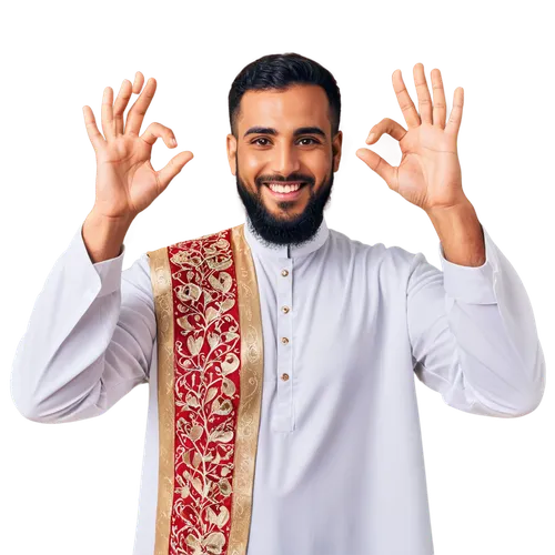 Arabic man, bearded, white thawb, golden embroidery, red taqiyah, warm smile, gentle eyes, hands together, palm up, Assalamu Alaikum, morning light, soft focus, 3/4 composition, shallow depth of field