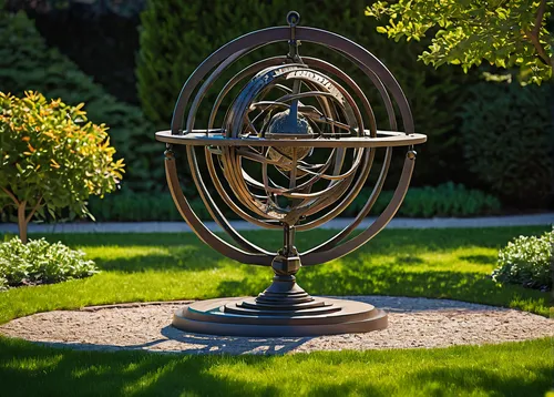 armillary sphere,sun dial,sundial,garden sculpture,mobile sundial,steel sculpture,orrery,garden decoration,garden decor,bronze sculpture,mother earth statue,yard globe,landscape lighting,garden logo,chair circle,globe flower,time spiral,lawn ornament,decorative fountains,gyroscope,Conceptual Art,Oil color,Oil Color 17