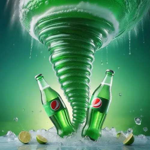 Green tornado with two soda bottles inside with dew drops on refreshing background, 3d digital illustration,a pile of soda bottles that have fallen into a pool,liquigas,grolsch,heineken,perrier,sprite