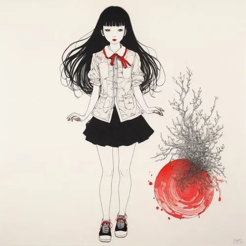 tomie,fallen petals,seerose,yukiko,cherry petals,red petals,Illustration,Paper based,Paper Based 19