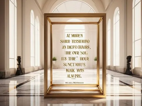 Modern architectural quotes, luxurious interior design, marble floor, high ceiling, large glass windows, minimalist decoration, elegant font, golden frame, inspirational words, motivational phrases, 3