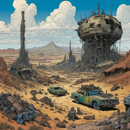 post-apocalyptic landscape,wastelands,wasteland,sedensky,futuristic landscape,postapocalyptic,post apocalyptic,barsoom,moebius,cosmodrome,terraformer,tatooine,megaton,ecotopia,sulaco,gas planet,bonestell,homeworld,dystopian,dune 45