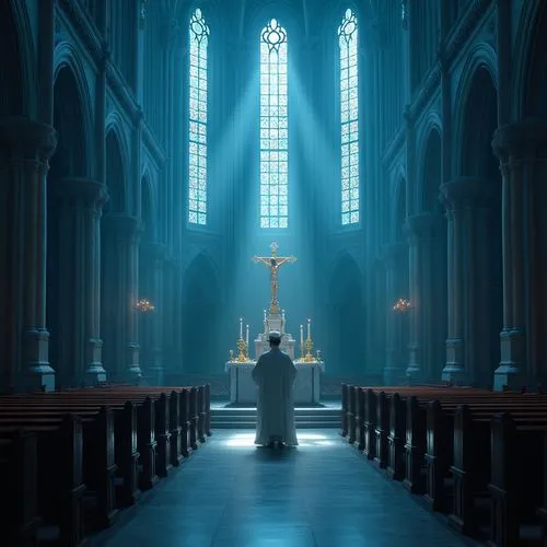 Cerulean blue, stained glass windows, Gothic cathedral, grand interior, intricate stone carvings, ornate altar, golden crucifix, holy Bible, elegant priest, white robe, ceremonial hat, solemn expressi