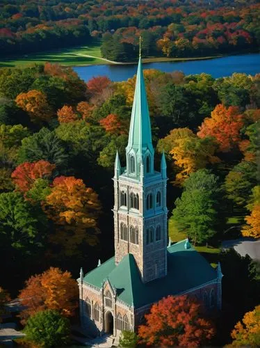 Dartmouth College, Gothic Revival style, grandiose building, intricate stone carvings, pointed arches, ribbed vaults, stunning stained glass windows, majestic clock tower, sprawling green campus, autu