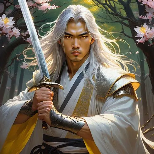 handsome asian young man with long silver shiny hair, yellow glowing eyes eyes, white and golden robes, two swords, fantasy sakura forest, he is maditating,rongfeng,yi sun sin,yuhuan,mitsuhide,xuanwei