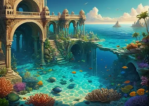 Atlantis-inspired, majestic, ancient underwater cityscape, intricately carved stone pillars, grand arches, ornate bridges, shimmering iridescent domes, delicate seaweed-covered statues, intricate mosa