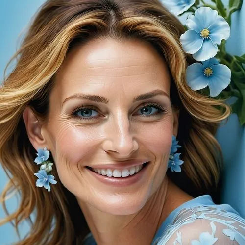 Julia Roberts profile photo smiling face light blue flower print ultra realistic photo HD,a close up of a person wearing jewelry and a smile,giada,suranne,rancic,stana,courteney,dementieva,Conceptual 