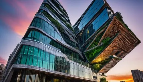 Wolfie architecture, modern design, skyscraper, cityscape, metallic structure, glass facade, angular lines, sleek edges, silver accents, LED lighting, urban jungle, bustling streets, pedestrian traffi