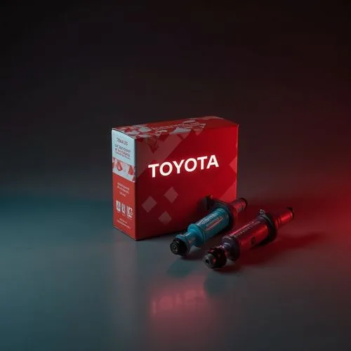 small size box of the company toyota. the box is a red and white colored in an stripped oblique way and has the logo of toyota company on it which is white bold word "TOYOTA" and is on the left side o