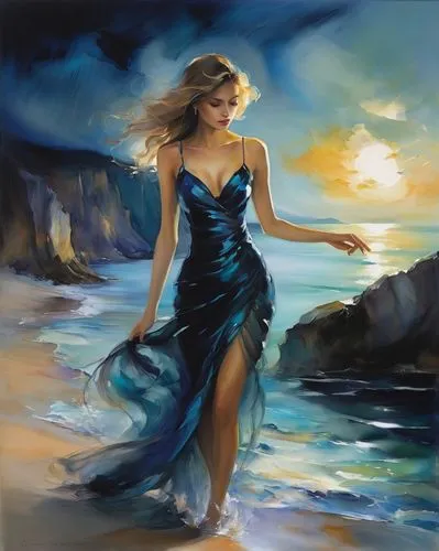 art painting,amphitrite,oil painting,donsky,blue waters,sea landscape,Illustration,Paper based,Paper Based 11