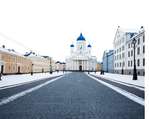 Helsinki cityscape, Finland, Nordic architecture, Senate Square, Helsinki Cathedral, Uspenski Orthodox Cathedral, white buildings, blue domes, narrow streets, cobblestone pavement, winter scene, snowf