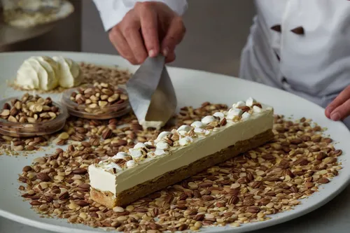 Compose a suspenseful scene where a pastry chef races against time to perfect a nut-nougat cream recipe for a prestigious baking competition.,semifreddo,nut-nougat cream,banoffee pie,white chocolate m