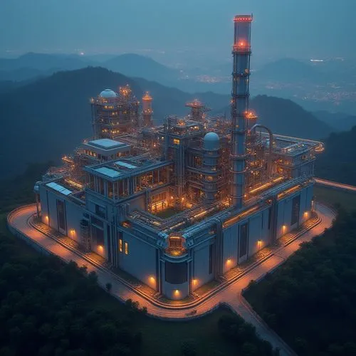 Modern energy plant, structuralism style, futuristic, industrial, complex piping system, metallic latticework, cylindrical tanks, angular concrete foundations, sleek glass panels, neon light accents, 