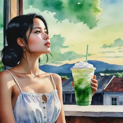 cendol,bubble tea,vietnamese woman,soju,woman at cafe,frappuccino,Photography,General,Realistic