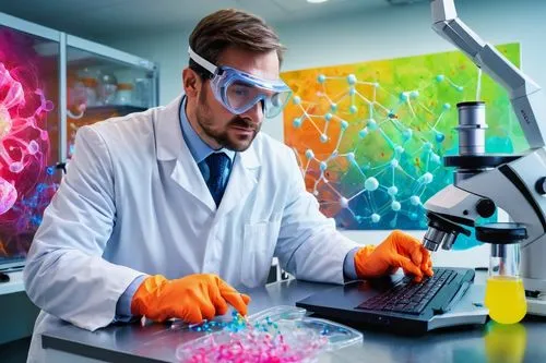 Tale nucleases, futuristic laboratory, scientist in white coat, goggles, gloves, pipette, DNA helix model, petri dish, microscope, laptop, genome editing software, high-tech equipment, steel counterto