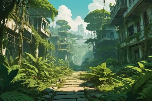 verdant,jungle,ancient city,uzak,ecotopia,environment,tropical jungle,pathway,environments,neotropical,ghibli,arbor,oasis,tropical forest,rainforest,bahian,coloniale,enviro,paradisus,world digital painting