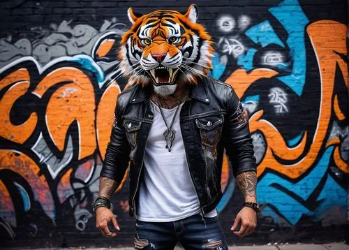 Anthropomorphic tiger, standing upright, muscular arms, fingers with claws, orange fur with black stripes, white belly, whiskers, sharp teeth, golden eyes, nose ring, tribal tattoos on shoulder and ch