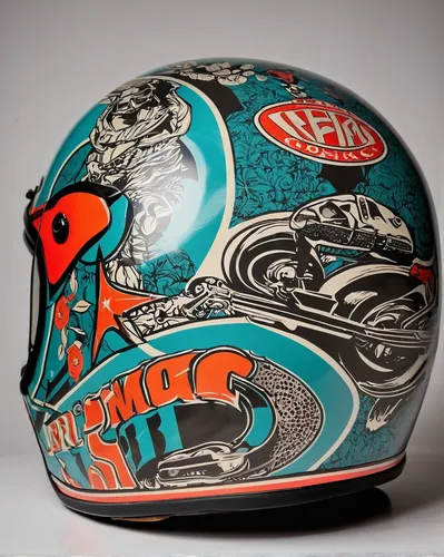 Create a retro-style custom motorcycle helmet with vintage decals for a nostalgic rider.,motorcycle helmet,motorcycle fairing,grand prix motorcycle racing,motorcycle racer,triumph street cup,motogp,he