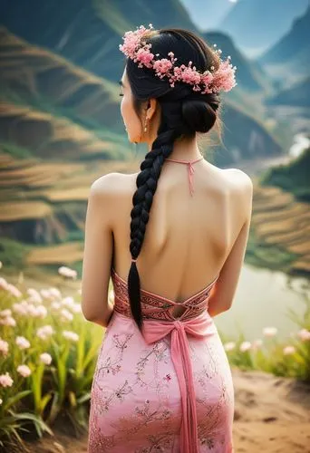 spectacular scene of Ha Giang nature in the background, an elegant Vietnamese lady with long braided black hair wears a tribal electic chic backless dress with Vietnamese tribal pattern in light earth