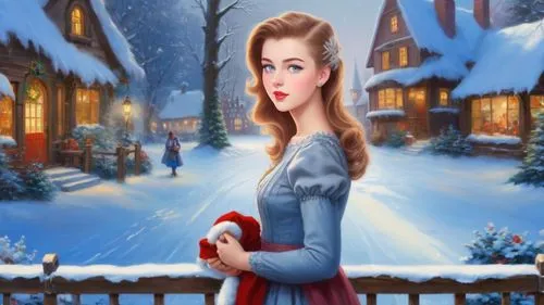 Romantic masterpiece oil painting, cute girl portrait, nostalgic 1950's style kitsch, traditional woman, tradwife, Winter wonderland, snowy landscape, Christmas village scenery, by Thomas Kinkade, by 