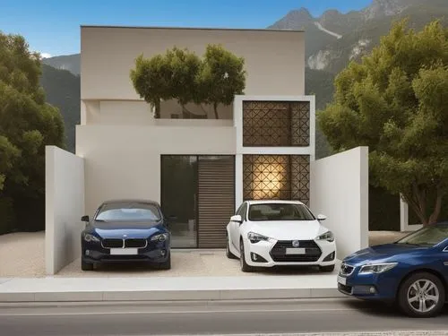 house two cars MODERN , in front street and in the background mountains and blue sky keep volumetry and materials and in windows with lights, WALL COLOR  BEIGE WARM AND WHITE,an image of a car parked 