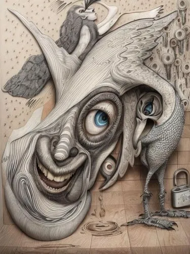 an artistic painting of an owl standing in front of a door with two birds on the inside,diterlizzi,phleger,phlegm,imaginacion,surrealism,svankmajer,Common,Common,Commercial