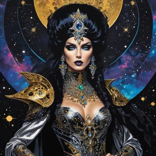 queen of the night,sorceress,fantasy woman,fantasy art,star mother,the enchantress,zodiac sign libra,priestess,cleopatra,lady of the night,fantasy portrait,zodiac sign gemini,goddess of justice,callisto,blue enchantress,harmonia macrocosmica,celtic queen,andromeda,horoscope libra,the snow queen,Illustration,Realistic Fantasy,Realistic Fantasy 46