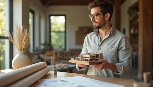 Modern architect, thoughtful expression, middle-aged man, bespectacled, short brown hair, gentle smile, holding a miniature model of a building, standing in front of a large wooden desk with rolled-up