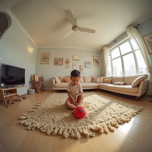 playing room,girl making selfie,fisheye,stereographic,playing with ball,little girl with balloons