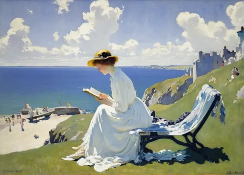 basset artésien normand,girl studying,woman with ice-cream,woman playing,blonde woman reading a newspaper,child with a book,la violetta,spectator,grand bleu de gascogne,landscape with sea,painting,idyll,reading,woman drinking coffee,cape marguerite,woman sitting,italian painter,cliff top,woman playing tennis,1921,Art,Artistic Painting,Artistic Painting 32