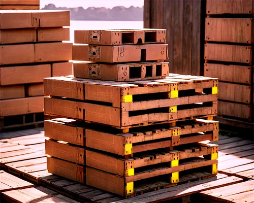 Wooden pallet, multiple brown cardboard boxes, stacked on top, old worn-out texture, rusty metal bands, weathered wooden planks, morning sunlight, soft shadows, 3/4 composition, shallow depth of field