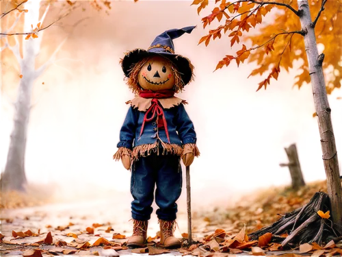 Spooky Halloween scene, solo scarecrow, standing, worn-out clothes, straw-stuffed body, ragged hat, eerie glowing eyes, crooked smile, wooden pole, autumn leaves scattered around, misty atmosphere, wa