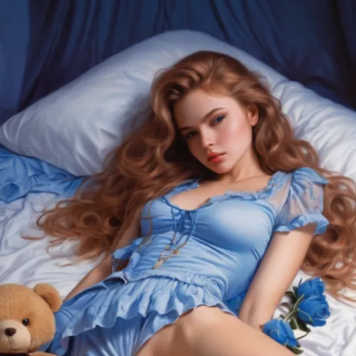 woman on bed,blue pillow,girl in bed,realdoll,cinderella,sleeping beauty,female doll,sleeping rose,bed,blue hydrangea,the sleeping rose,relaxed young girl,blue rose,teddies,3d teddy,the girl in nighti