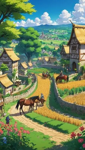 yamada's rice fields,korean folk village,farm background,rice fields,rural landscape,japan landscape,farm landscape,countryside,agricultural scene,townsmen,pony farm,ricefield,mountain village,bucolic,landscape background,village life,alpine pastures,ghibli,studio ghibli,knight village,Illustration,Japanese style,Japanese Style 03