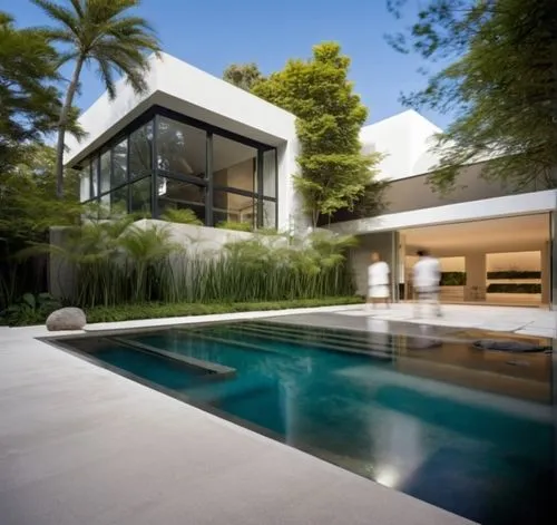 Diseño exterior de una casa moderna estilo minimalista combinando muros de color blanco con muros de tabique aparente, herrería de aluminio con cristal, fotografía hiperrealista, fotografía arquitectó