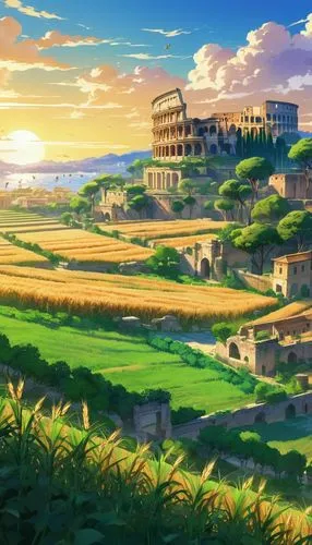 The ancient ruins of Rome are bathed in a golden light as a majestic wheat farm stands tall in the midst of the ancient city. The lush green gardens surrounding the farmhouse beckon the curious and me