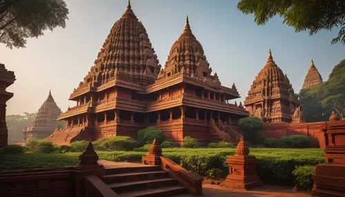 Ancient Chola architecture, intricate carvings, ornate temples, golden domes, red stone walls, vibrant murals depicting mythological scenes, elaborate staircases, ornamental pillars, lush greenery sur