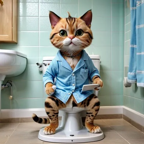 anthropomorphic 3d cat sitting on a water closet, wearing pyjamas with paw prints, going for a poop, and reading and iphone, background bathroom,toilette,bidet,toilet table,washing hands,wash hands,cu