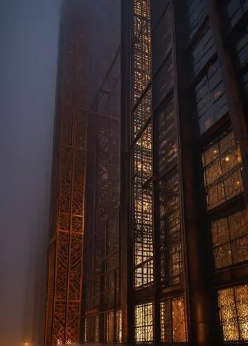 Industrial architectural iron construction, metallic latticework, intricate details, rusty patina, urban cityscape, skyscraper, modern building, steel beams, glass facade, reflective surface, dramatic