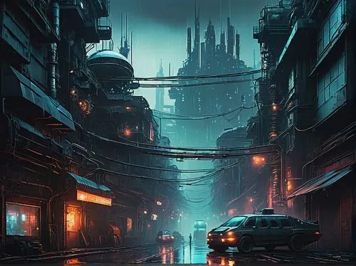 cyberpunk,cityscape,shanghai,city at night,metropolis,urban,shinjuku,dystopian,dystopia,alley,alleyway,sci fiction illustration,tokyo city,futuristic landscape,fantasy city,evening city,street canyon,dusk,the street,bombay,Conceptual Art,Oil color,Oil Color 08