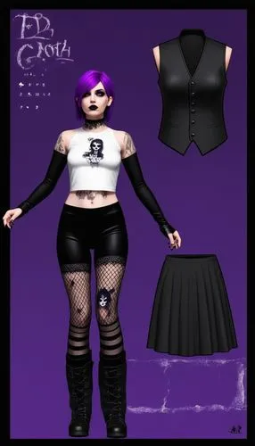 Paper doll 2d cartoon goth purple haired girl in black sleeveless shirt , black spandex shorts, complete full length fishnet and black goth knee Boots, standing surrounded by with a set of goth fashio