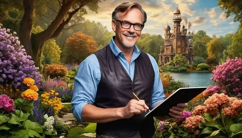 Middle-aged, male, master of science, landscape architect, glasses, short brown hair, casual smile, blue shirt, dark gray pants, black leather shoes, holding a tablet and pencil, standing in a beautif